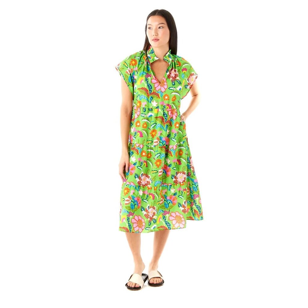 NWT size XS Crosby Watts dress botanical Garden green floral tiered loose fit dr
